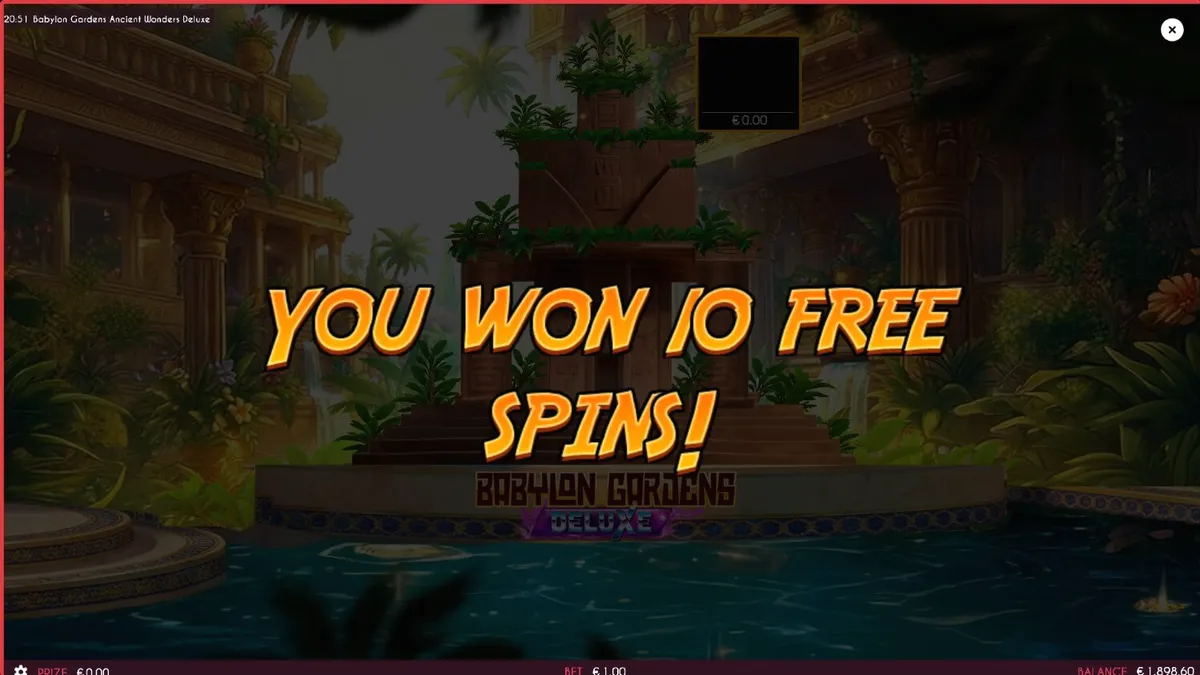 Pemandangan visual slot Babylon Gardens Ancient Wonders Deluxe dengan latar belakang taman gantung Babilonia yang megah.