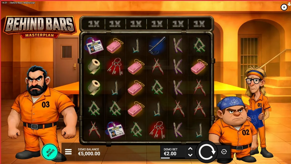 Tampilan visual slot Behind Bars Masterplan dengan tema pelarian penjara