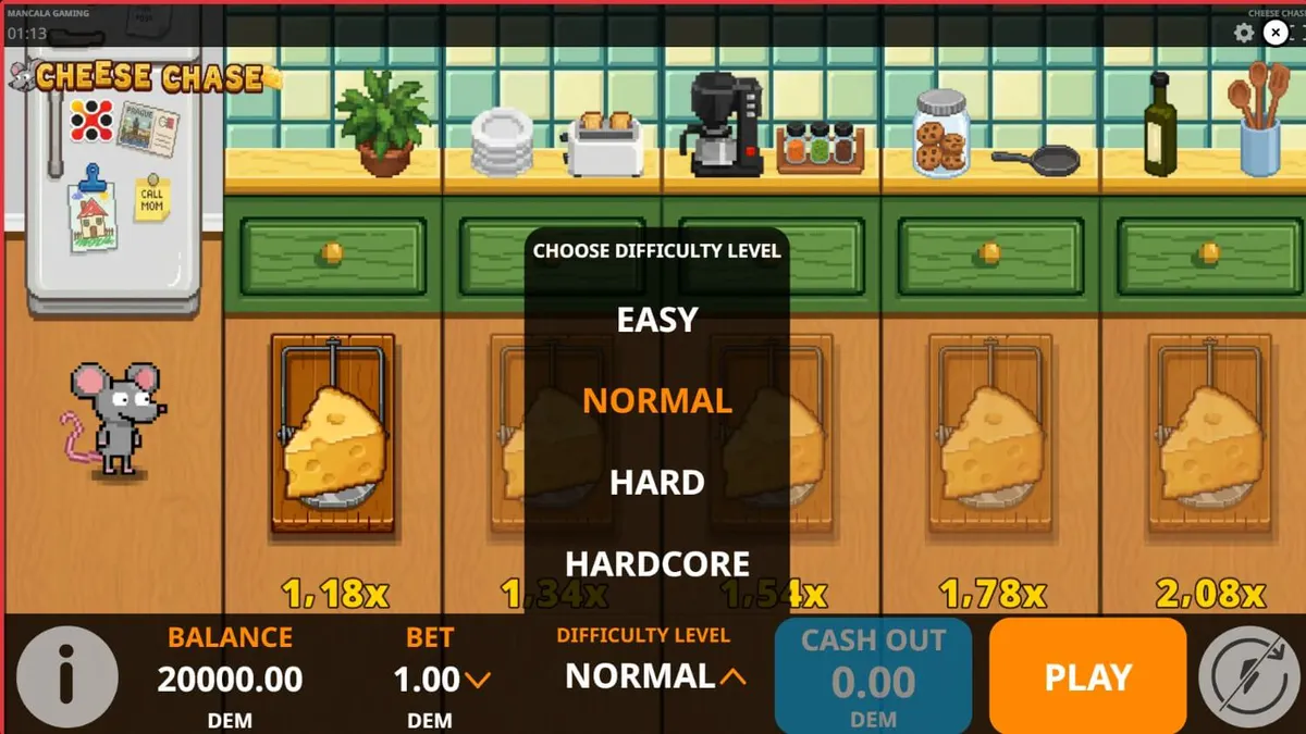 Tampilan visual retro 8-bit dari permainan slot Cheese Chase