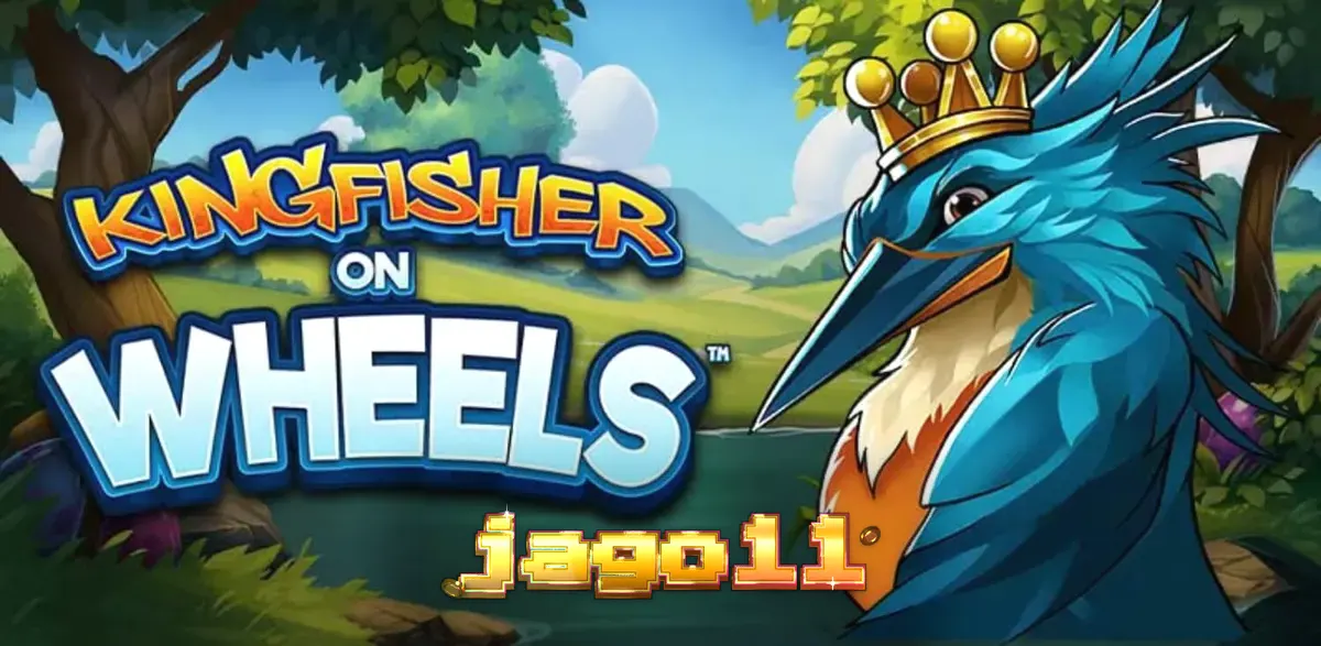 Tampilan visual slot Kingfisher on Wheels dengan latar belakang sungai dan burung raja udang bermahkota
