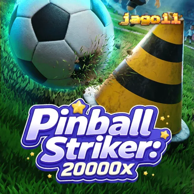 Tampilan visual permainan Pinball Striker 20,000x dengan tema stadion sepak bola neon